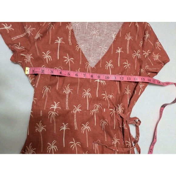 Marine Layer Hemp Burnt‎ Orange Short Sleeve Palm Tree Midi Wrap Dress Small - Picture 11 of 14